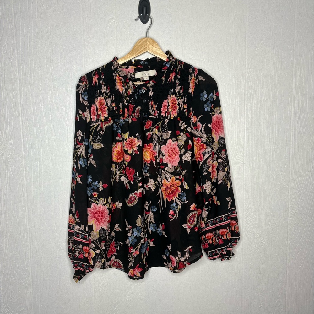 Loft black button neck paisley floral long sleeve blouse size medium